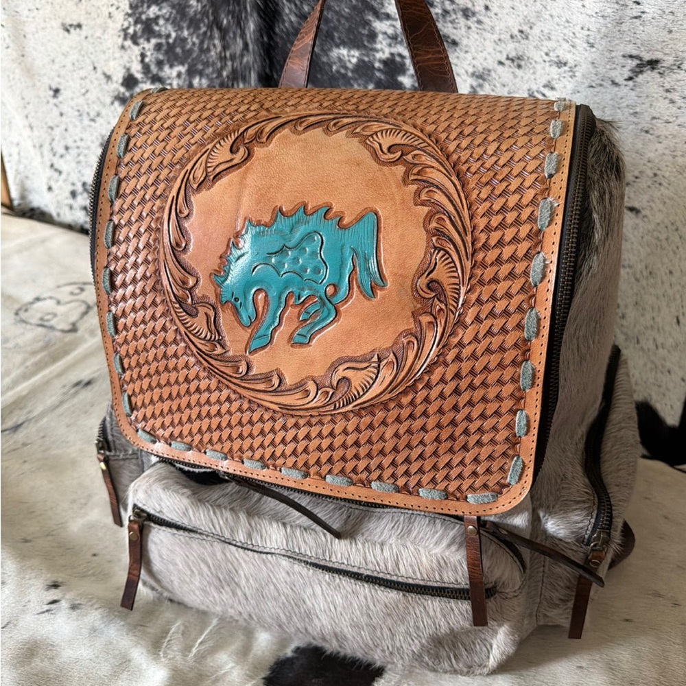Hand-Tooled Leather & Hair-On Hide Backpack in Tan with Turquoise Accent